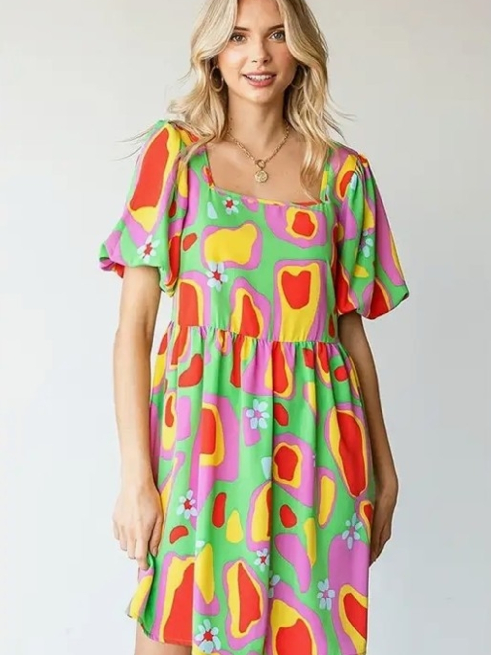 Retro First Love Green Abstract Multi-Color Mini Dress #0096